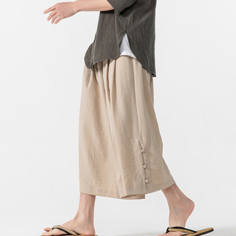 Buddha Stones Lässige, lockere Hose mit Froschknopf, schlichte Herrenhose aus Baumwolle, Länge 7–8, weites Bein, mit Taschen - image 13