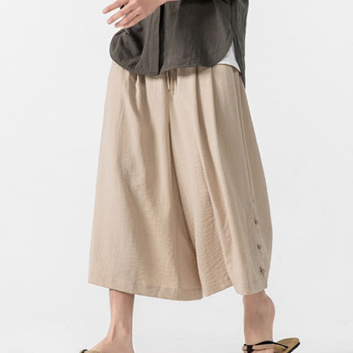 Buddha Stones Lässige, lockere Hose mit Froschknopf, schlichte Herrenhose aus Baumwolle, Länge 7–8, weites Bein, mit Taschen - image 5