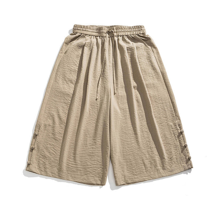 Buddha Stones Lässige, lockere Hose mit Froschknopf, schlichte Herrenhose aus Baumwolle, Länge 7–8, weites Bein, mit Taschen - image 1