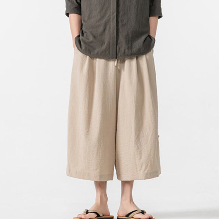 Buddha Stones Lässige, lockere Hose mit Froschknopf, schlichte Herrenhose aus Baumwolle, Länge 7–8, weites Bein, mit Taschen - image 10
