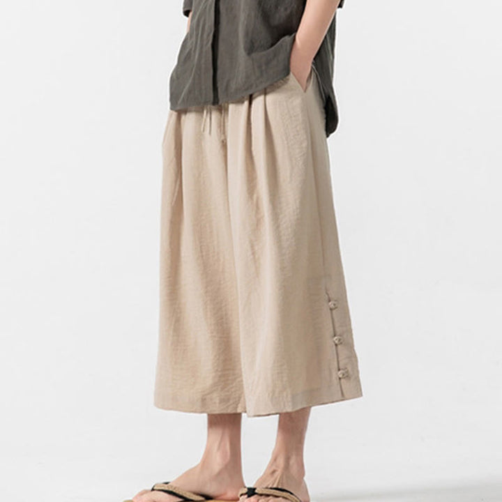 Buddha Stones Lässige, lockere Hose mit Froschknopf, schlichte Herrenhose aus Baumwolle, Länge 7–8, weites Bein, mit Taschen - image 3