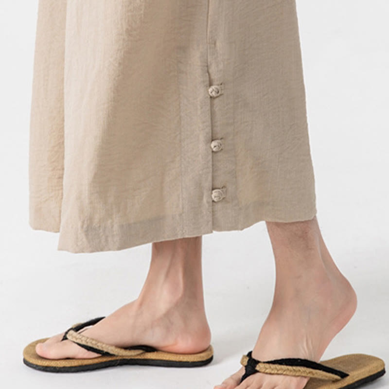 Buddha Stones Lässige, lockere Hose mit Froschknopf, schlichte Herrenhose aus Baumwolle, Länge 7–8, weites Bein, mit Taschen - image 8