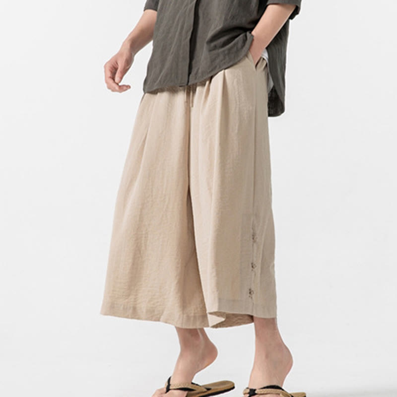 Buddha Stones Lässige, lockere Hose mit Froschknopf, schlichte Herrenhose aus Baumwolle, Länge 7–8, weites Bein, mit Taschen - image 9