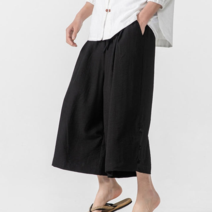 Buddha Stones Lässige, lockere Hose mit Froschknopf, schlichte Herrenhose aus Baumwolle, Länge 7–8, weites Bein, mit Taschen - image 20