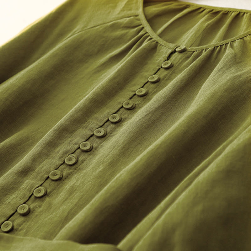 Buddha Stones Spring – Schlichtes Midikleid aus Baumwolle und Leinen mit Rundhalsausschnitt und Schnürung, halbe Ärmel - image 4