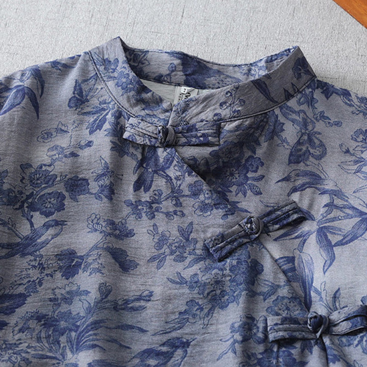 Buddha Stones Midikleid aus Baumwolle mit Blumen- und Blattdruck, halblangen Ärmeln, Mandarinkragen und Froschknopf - image 4