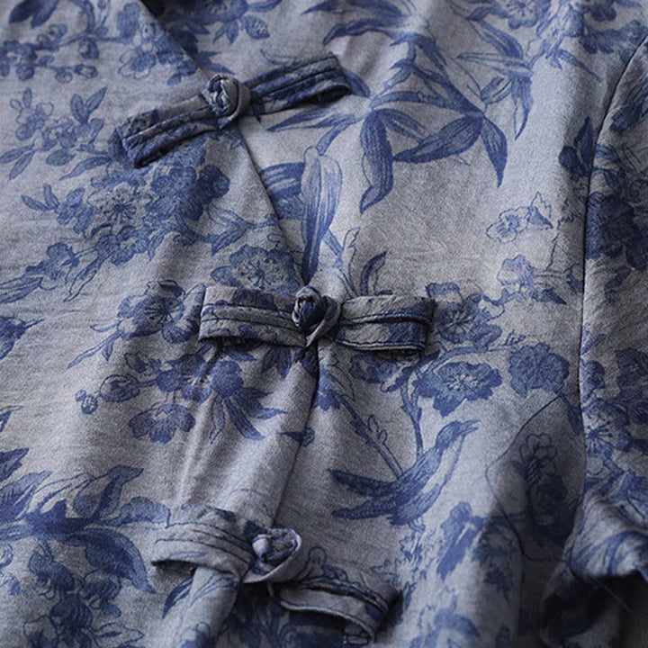 Buddha Stones Midikleid aus Baumwolle mit Blumen- und Blattdruck, halblangen Ärmeln, Mandarinkragen und Froschknopf - image 9