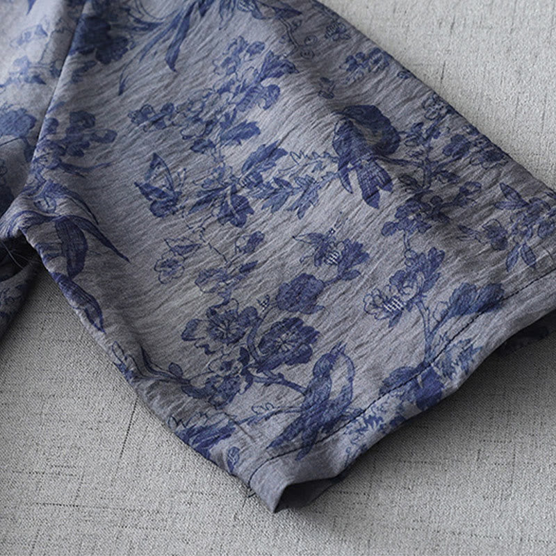Buddha Stones Midikleid aus Baumwolle mit Blumen- und Blattdruck, halblangen Ärmeln, Mandarinkragen und Froschknopf - image 10