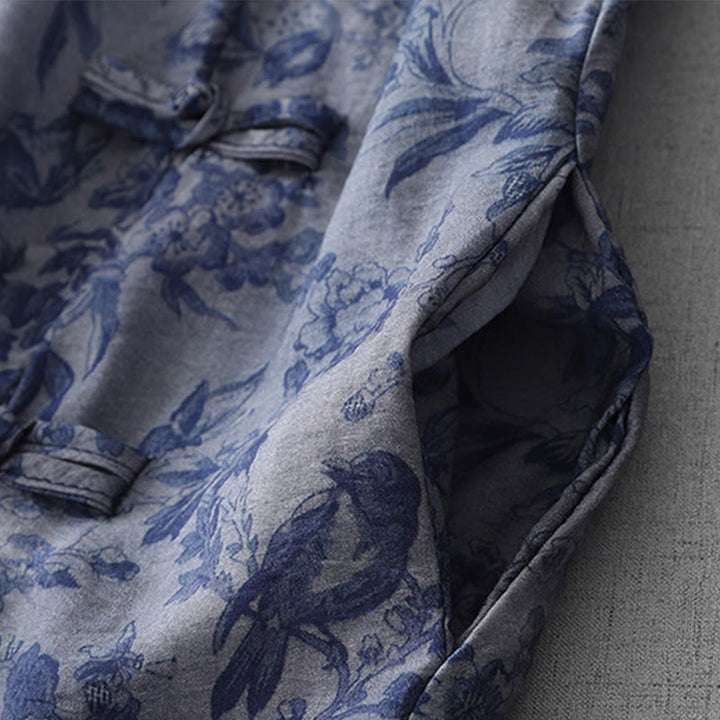 Buddha Stones Midikleid aus Baumwolle mit Blumen- und Blattdruck, halblangen Ärmeln, Mandarinkragen und Froschknopf - image 4