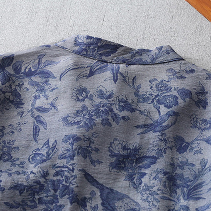 Buddha Stones Midikleid aus Baumwolle mit Blumen- und Blattdruck, halblangen Ärmeln, Mandarinkragen und Froschknopf - image 5