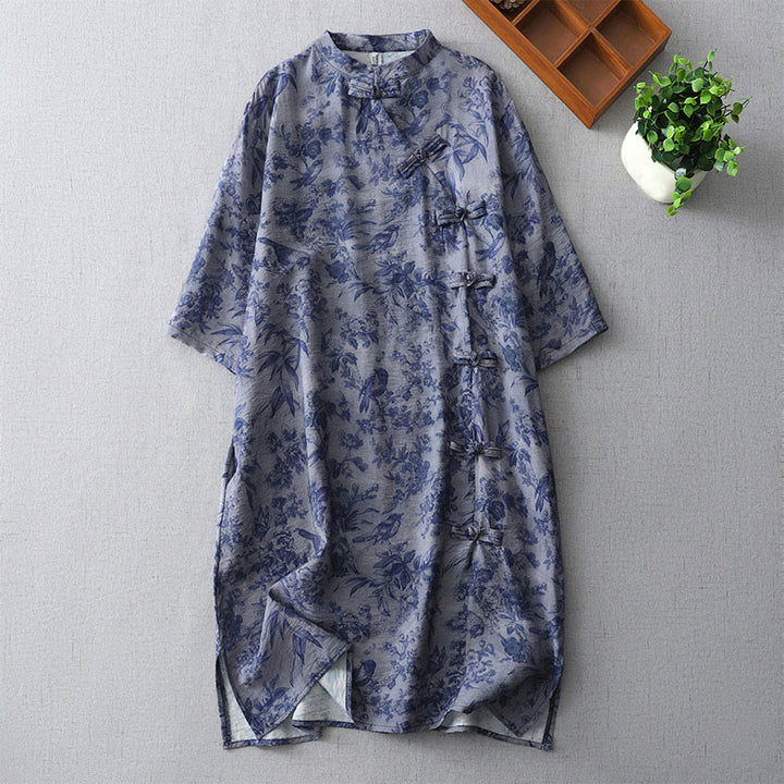 Buddha Stones Midikleid aus Baumwolle mit Blumen- und Blattdruck, halblangen Ärmeln, Mandarinkragen und Froschknopf - Königsblau - US 8-10, UK/AU 12-14, EU 40-42 (2XL) - image 0