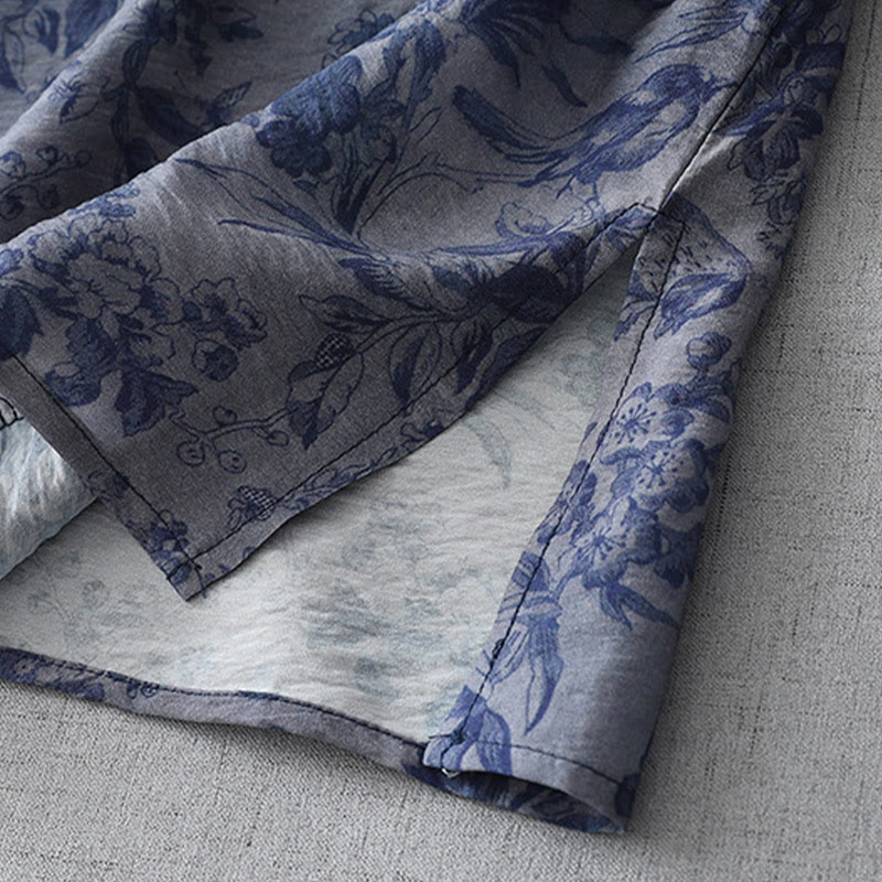 Buddha Stones Midikleid aus Baumwolle mit Blumen- und Blattdruck, halblangen Ärmeln, Mandarinkragen und Froschknopf - image 8