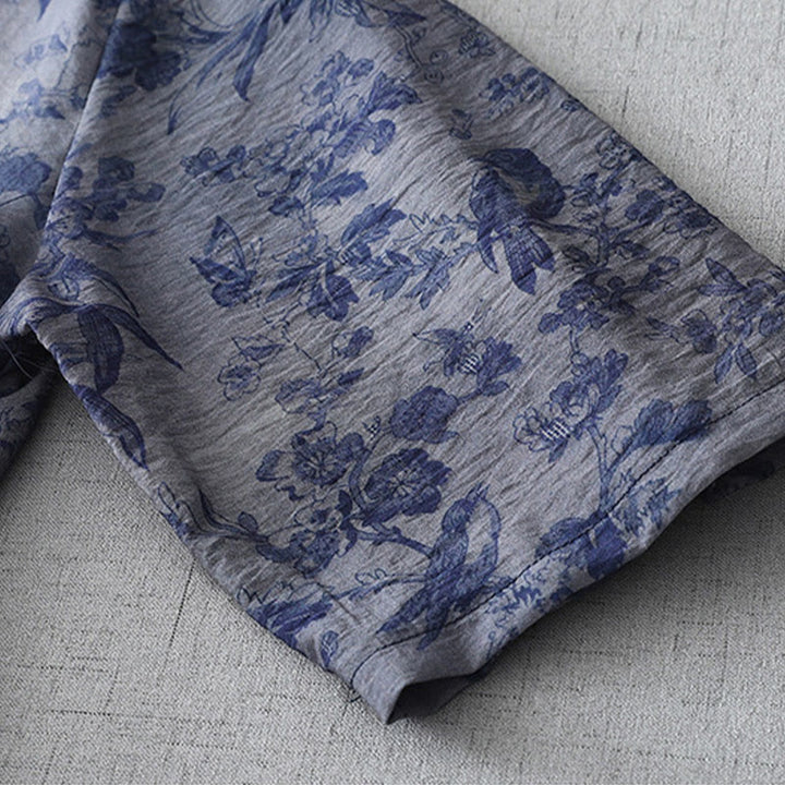 Buddha Stones Midikleid aus Baumwolle mit Blumen- und Blattdruck, halblangen Ärmeln, Mandarinkragen und Froschknopf - image 11