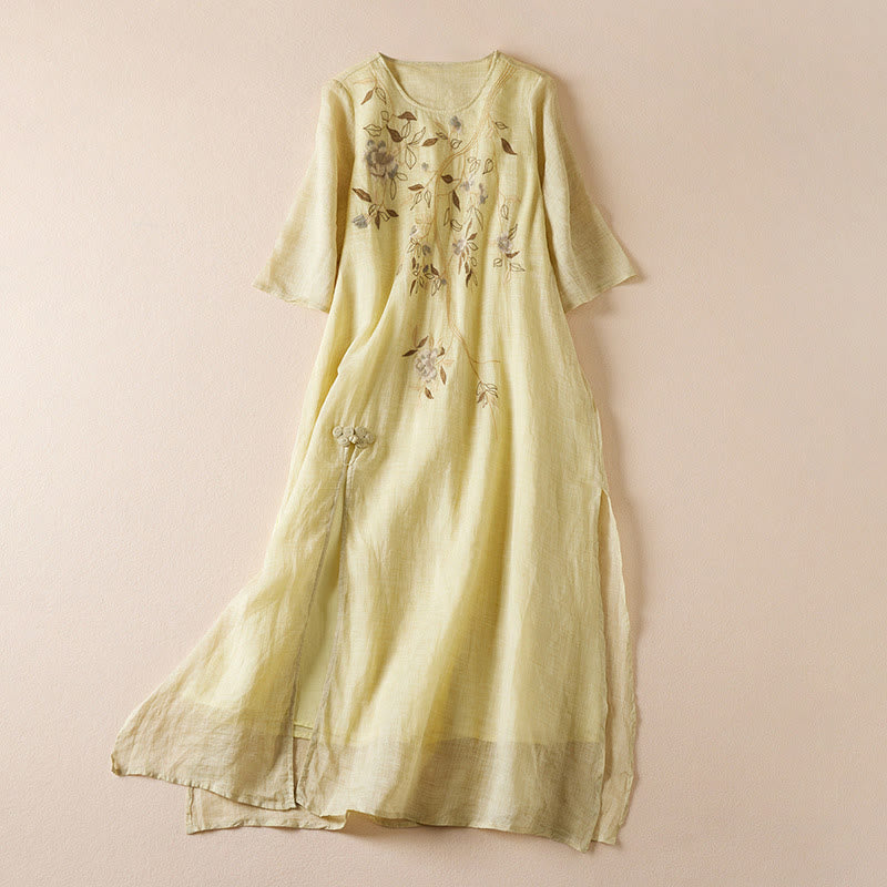 Buddha Stones – Midikleid aus Baumwollfaser mit besticktem Blattmuster, Rundhalsausschnitt und halblangen Ärmeln - Khaki - US8-10, UK/AU12-14, EU40-42 (2XL) - image 1