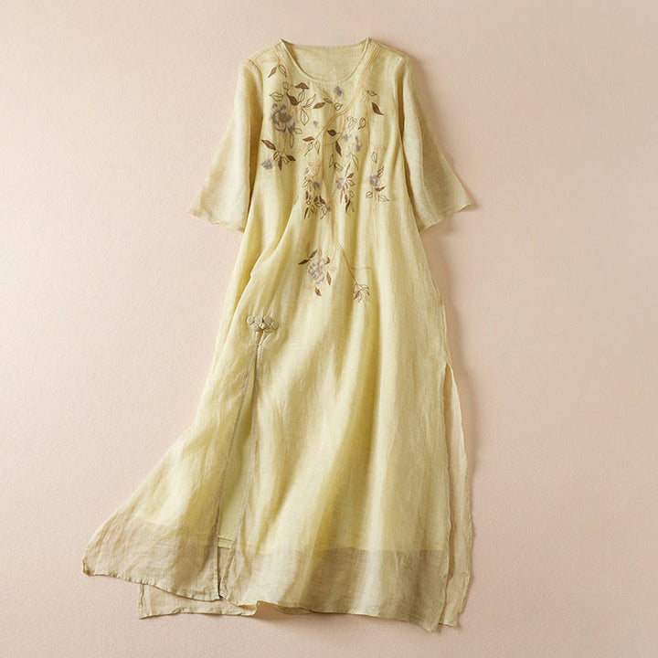 Buddha Stones – Midikleid aus Baumwollfaser mit besticktem Blattmuster, Rundhalsausschnitt und halblangen Ärmeln - Khaki - US8-10, UK/AU12-14, EU40-42 (2XL) - image 1