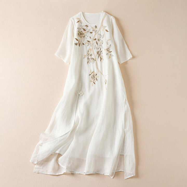 Buddha Stones – Midikleid aus Baumwollfaser mit besticktem Blattmuster, Rundhalsausschnitt und halblangen Ärmeln - Schnee - US8-10, UK/AU12-14, EU40-42 (2XL) - image 8