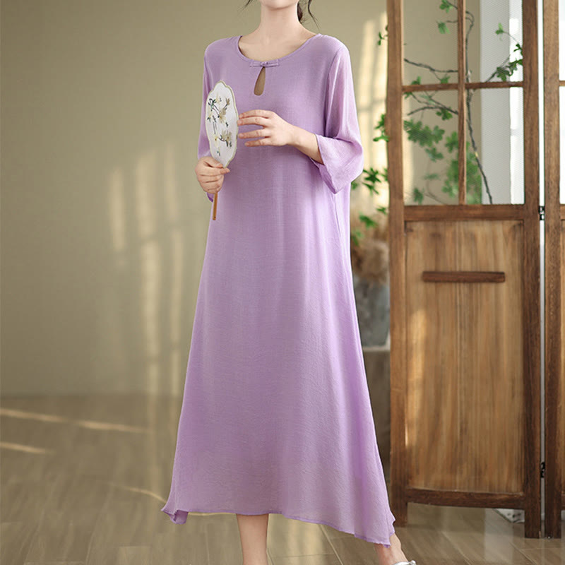 Buddha Stones Lässiges, schlichtes Midikleid aus Baumwolle mit Froschknöpfen, Rundhalsausschnitt und Dreiviertelärmeln - Pflaume - US8-10, UK/AU12-14, EU40-42 (2XL) - image 1