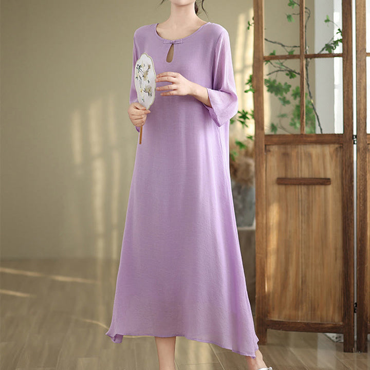 Buddha Stones Lässiges, schlichtes Midikleid aus Baumwolle mit Froschknöpfen, Rundhalsausschnitt und Dreiviertelärmeln - Pflaume - US 8-10, UK/AU 12-14, EU 40-42 (2XL) - image 0