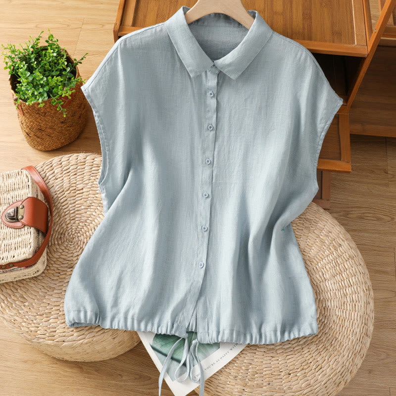 Buddha Stones Sommer Unifarbenes Kurzarm-Baumwollhemd für Damen mit Knopfleiste - Hellblau - US14， UK/AU18，EU46 (2XL) - image 0