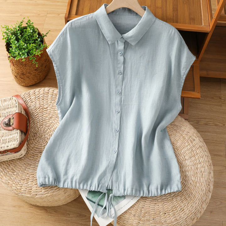 Buddha Stones Sommer Unifarbenes Kurzarm-Baumwollhemd für Damen mit Knopfleiste - Hellblau - US14， UK/AU18，EU46 (2XL) - image 0