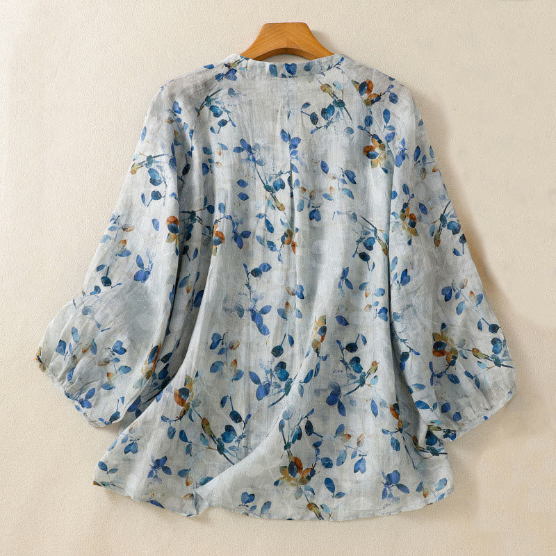 Buddha Stones Damen Baumwollshirt mit V-Ausschnitt und Dreiviertelärmeln, Blau - image 2