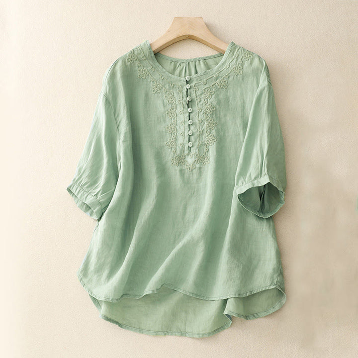 Damen-Baumwollhemd mit Buddha Stones -Linienstickerei und Knopfleiste, Rundhalsausschnitt, halbe Ärmel - Hellblau - US14, UK/AU18,EU46 (2XL) - image 1