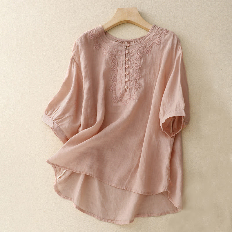 Damen-Baumwollhemd mit Buddha Stones -Linienstickerei und Knopfleiste, Rundhalsausschnitt, halbe Ärmel - Rosa - US14, UK/AU18, EU46 (2XL) - image 12
