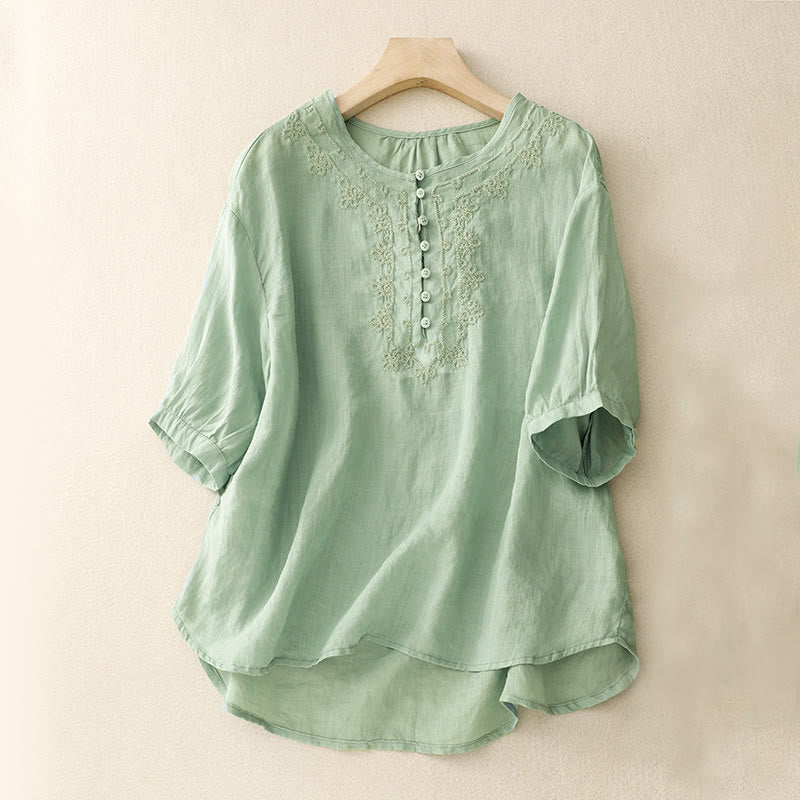 Damen-Baumwollhemd mit Buddha Stones -Linienstickerei und Knopfleiste, Rundhalsausschnitt, halbe Ärmel - Hellblau - US14, UK/AU18, EU46 (2XL) - image 0