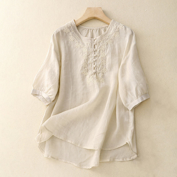 Damen-Baumwollhemd mit Buddha Stones -Linienstickerei und Knopfleiste, Rundhalsausschnitt, halbe Ärmel - Leinen - US14, UK/AU18, EU46 (2XL) - image 5