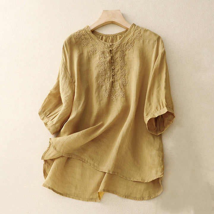 Damen-Baumwollhemd mit Buddha Stones -Linienstickerei und Knopfleiste, Rundhalsausschnitt, halbe Ärmel - Goldrute - US14, UK/AU18, EU46 (2XL) - image 17