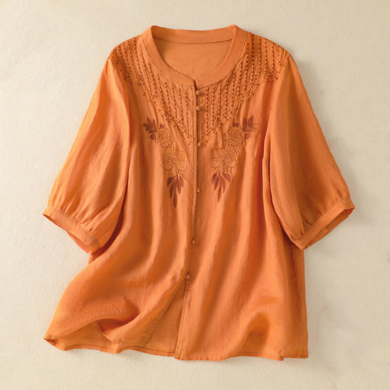 Buddha Stones Rose Blumenstickerei Knopf Halbarm Damen Baumwollhemd - Orange - US14, UK/AU18, EU46 (2XL) - image 23