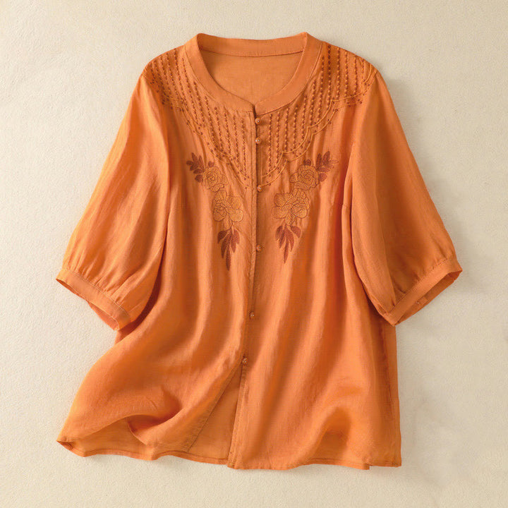 Buddha Stones Rose Blumenstickerei Knopf Halbarm Damen Baumwollhemd - Orange - US14, UK/AU18, EU46 (2XL) - image 23