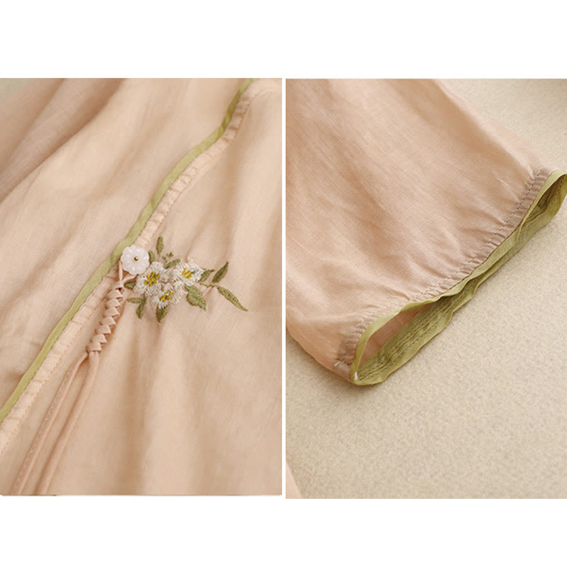 Buddha Stones Beige Floral Grüne Blatt Stickerei Rundhals Dreiviertelärmel Damen Baumwollhemd - image 19