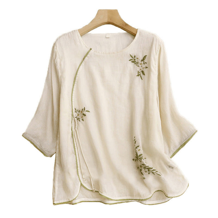 Damen-Shirt mit Buddha Stones, beigefarbenem Blumenmuster und grüner Blattstickerei, Rundhalsausschnitt und Dreiviertelärmeln - image 12