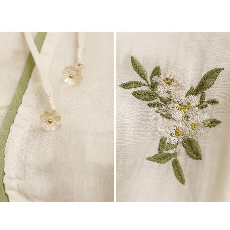 Damen-Shirt mit Buddha Stones, beigefarbenem Blumenmuster und grüner Blattstickerei, Rundhalsausschnitt und Dreiviertelärmeln - image 10