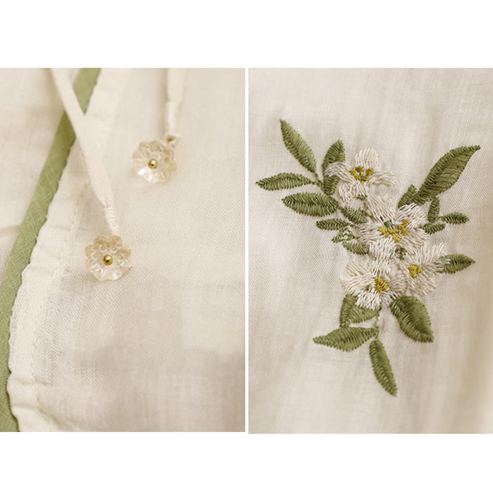 Damen-Shirt mit Buddha Stones, beigefarbenem Blumenmuster und grüner Blattstickerei, Rundhalsausschnitt und Dreiviertelärmeln - image 10