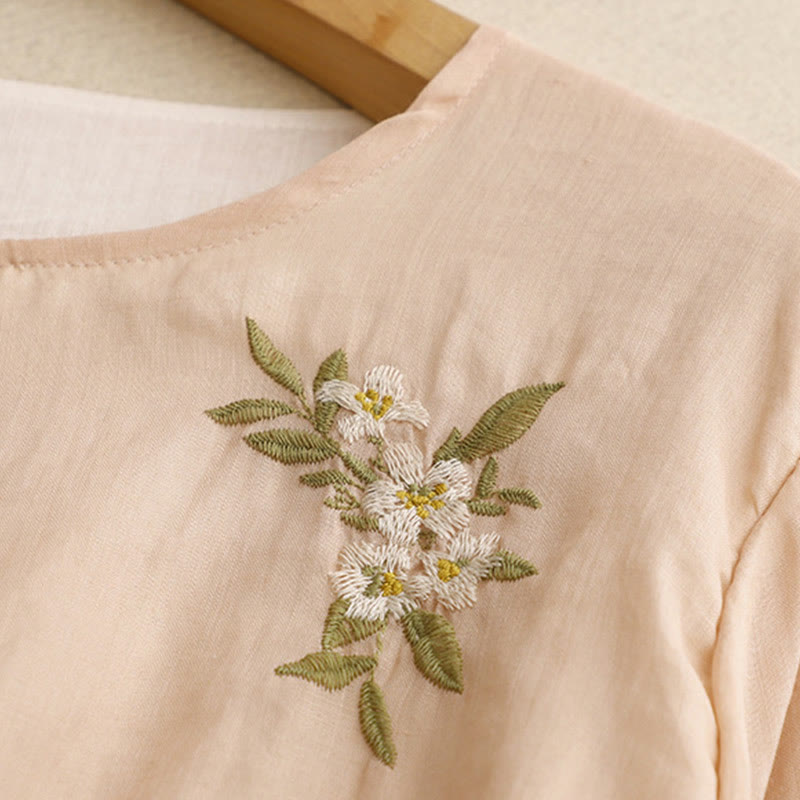 Damen-Shirt mit Buddha Stones, beigefarbenem Blumenmuster und grüner Blattstickerei, Rundhalsausschnitt und Dreiviertelärmeln - image 16