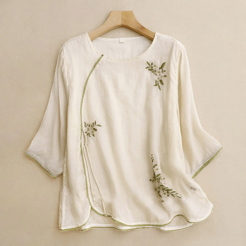 Buddha Stones Beige Floral Grüne Blatt Stickerei Rundhals Dreiviertelärmel Damen Baumwollhemd - Beige - US12, UK/AU16,EU44 (2XL) - image 1