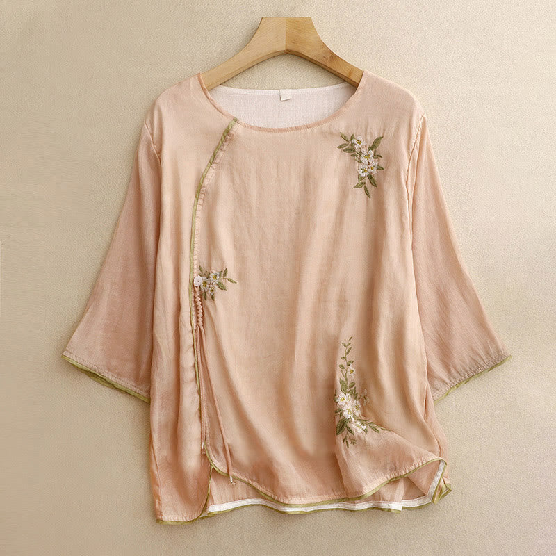 Buddha Stones Beige Floral Grüne Blatt Stickerei Rundhals Dreiviertelärmel Damen Baumwollhemd - Pfirsichpuff - US12, UK/AU16,EU44 (2XL) - image 14