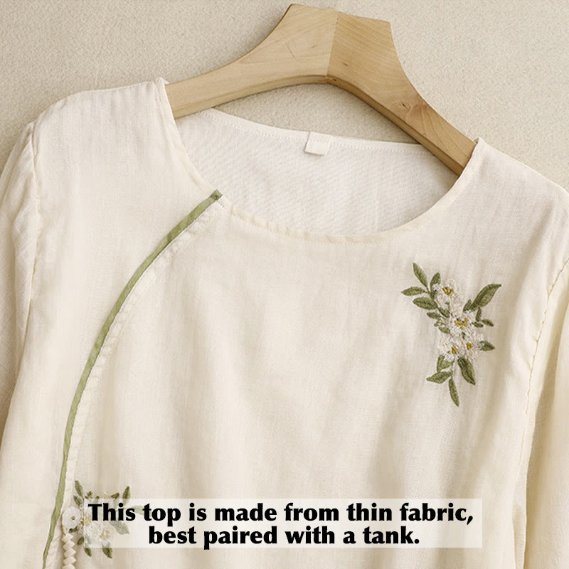 Damen-Shirt mit Buddha Stones, beigefarbenem Blumenmuster und grüner Blattstickerei, Rundhalsausschnitt und Dreiviertelärmeln - image 2
