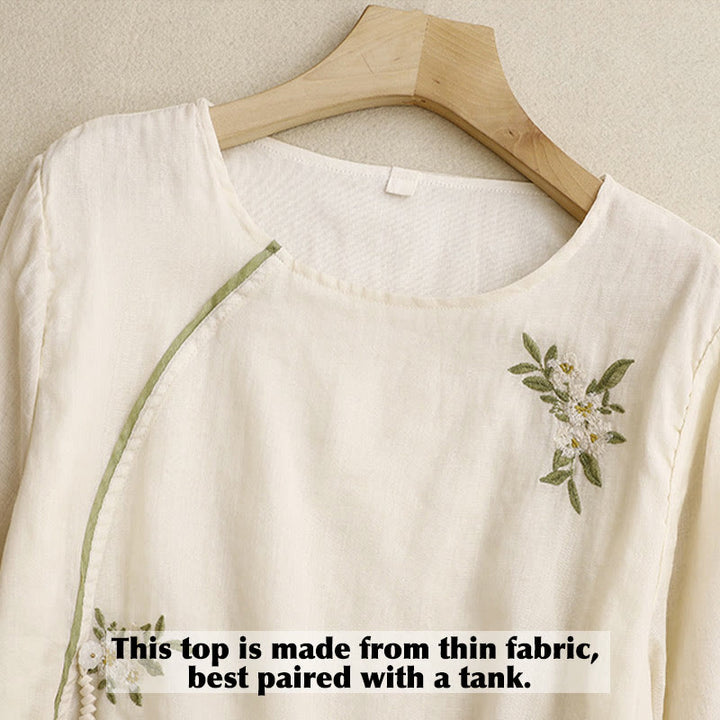 Damen-Shirt mit Buddha Stones, beigefarbenem Blumenmuster und grüner Blattstickerei, Rundhalsausschnitt und Dreiviertelärmeln - image 2