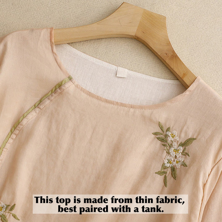 Damen-Shirt mit Buddha Stones, beigefarbenem Blumenmuster und grüner Blattstickerei, Rundhalsausschnitt und Dreiviertelärmeln - image 13