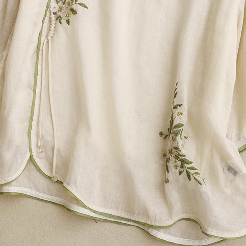 Damen-Shirt mit Buddha Stones, beigefarbenem Blumenmuster und grüner Blattstickerei, Rundhalsausschnitt und Dreiviertelärmeln - image 5