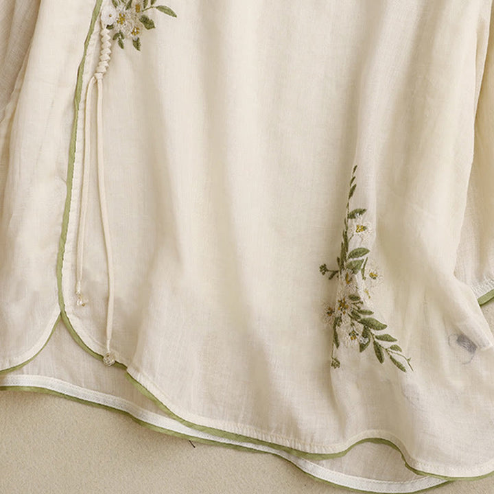 Damen-Shirt mit Buddha Stones, beigefarbenem Blumenmuster und grüner Blattstickerei, Rundhalsausschnitt und Dreiviertelärmeln - image 5