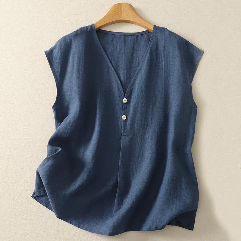 Buddha Stones Retro V-Ausschnitt Knopf Design Damen Baumwolle Ärmellose Weste - SteelBlue - US 8-10, UK/AU 12-14, EU 40-42 (2XL) - image 0