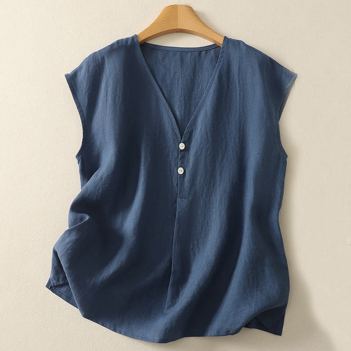 Buddha Stones Retro V-Ausschnitt Knopf Design Damen Baumwolle Ärmellose Weste - Stahlblau - US8-10， UK/AU12-14，EU40-42 (2XL) - image 0