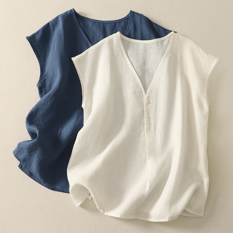 Buddha Stones Retro V-Ausschnitt Knopf Design Damen Baumwolle Ärmellose Weste - image 1