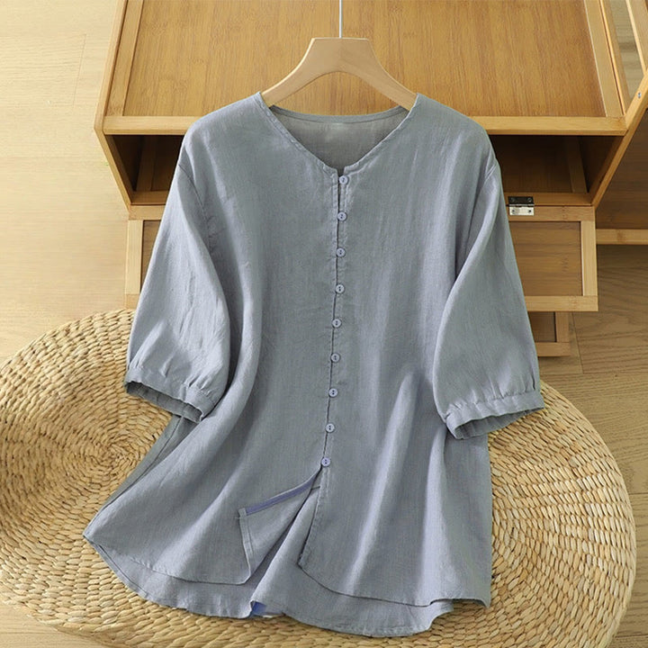 Buddha Stones Damenhemd mit V-Ausschnitt, halben Ärmeln und festen Knöpfen - Hellstahlblau - US12, UK/AU16, EU44 (2XL) - image 21