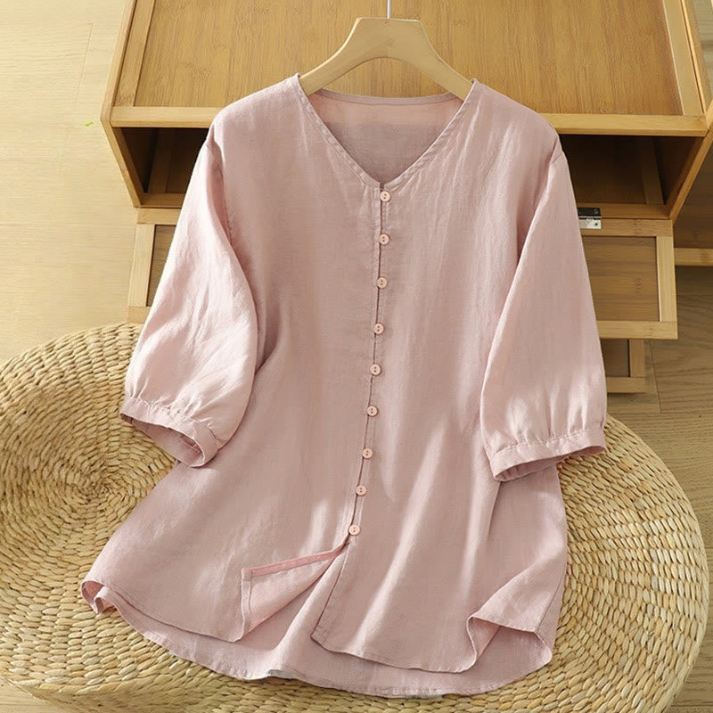 Buddha Stones Solid Buttons V-Ausschnitt Halbarm Damen Shirt - Hellrosa - US12, UK/AU16,EU44 (2XL) - image 1