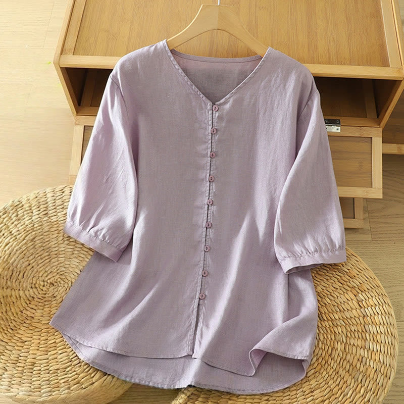 Buddha Stones Solid Buttons V-Ausschnitt Halbarm Damen Shirt - Distel - US12, UK/AU16,EU44 (2XL) - image 27